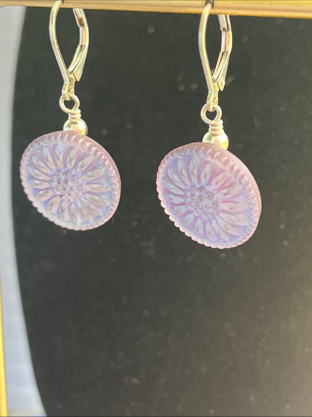 Pink Iridescent Floral Carved Buttons Earrings 18mm - Picture 8 of 12
